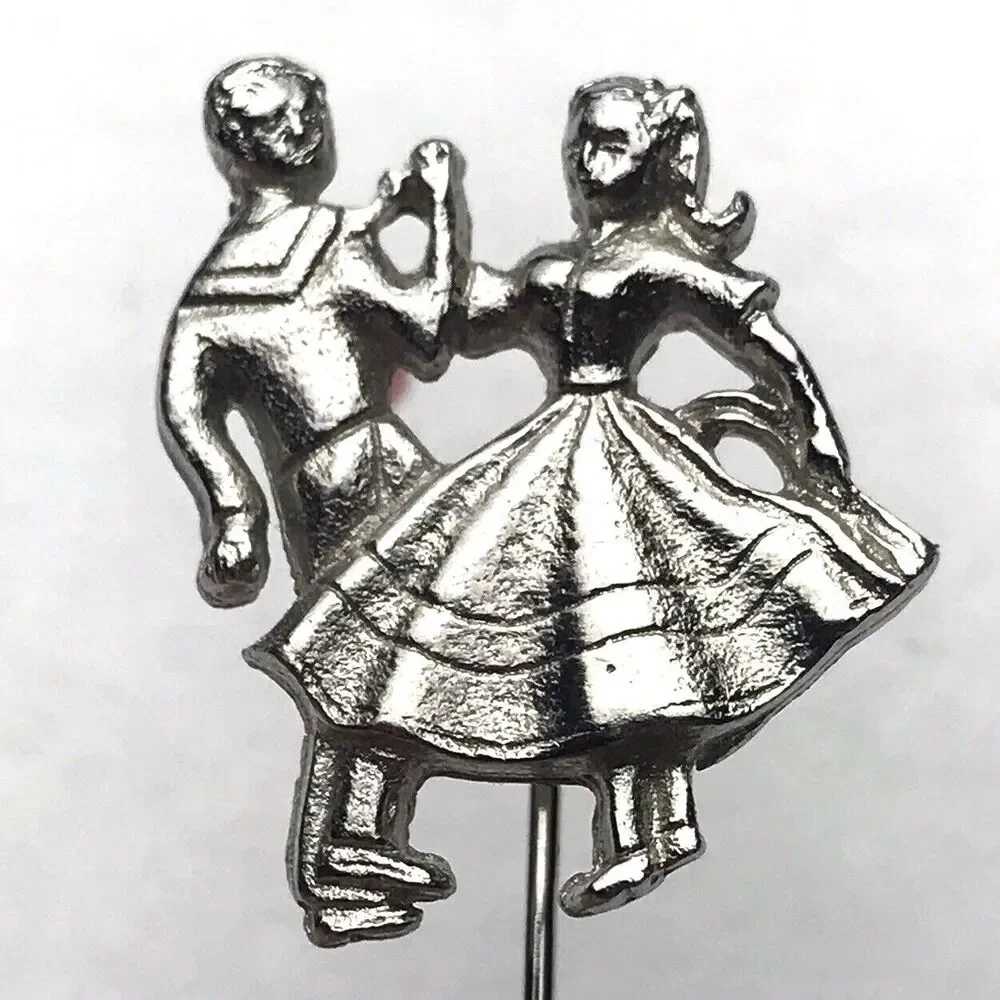 Silver Toned Dancing Couple Stick Pin Brooch Metal Vintage Dance Jewelry